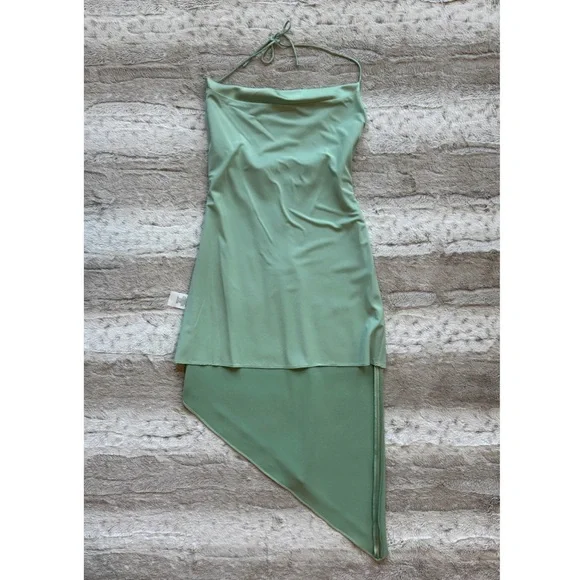 Alice + Olivia Harmony Drapey Asymmetrical Midi Cowl Slip Dress in Light Sage - Picture 8 of 15
